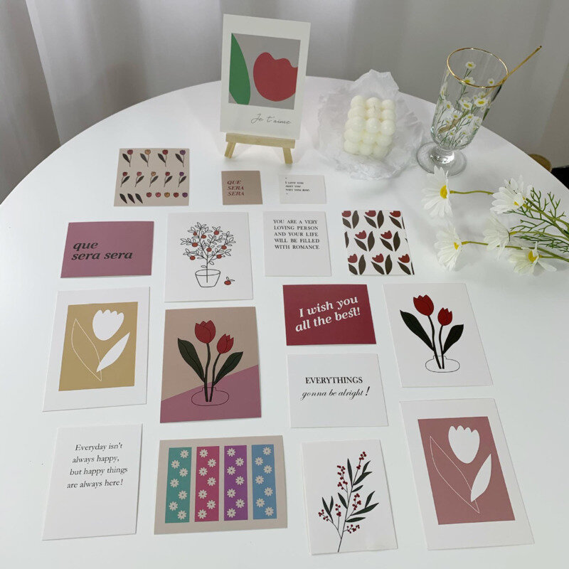 17 cartas de decoração de tulipas, cartões de arte em estilo simples, flores, adesivo de parede diy, adereços fotográficos, decoração de fundo, papelaria