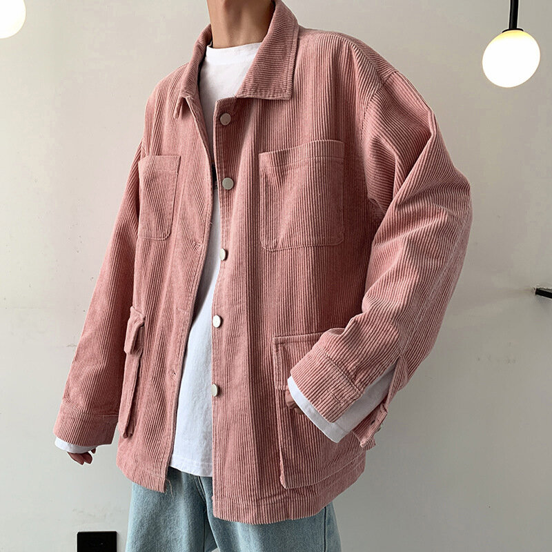 Winter Hong Kong Style Fashion Streetwear Men's Corduroy Jacket Solid Color Loose Lapel Student Casual Outerware2021 Autumn