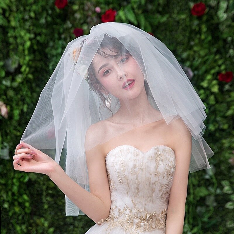 Two Layers Pure Tulle Bridal Short Cut Edge Wedding Accessories Cheap Veil With Comb Velos Novia