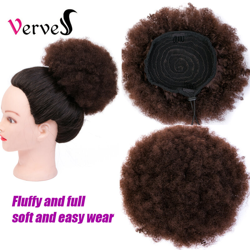 VERVES Synthetic Large Afro Kinky Hair Curly Puff Drawstring 8 inch Short Ponytail Clip in Extensions Buns Chignon Black Brown