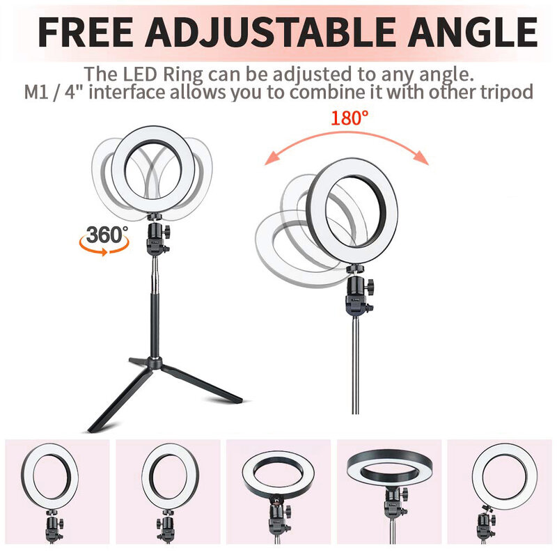 Dimmable LED Selfie Ring Light USB Selfie Light Ring Lamp Big Photography Ringlight 26cm With Stand For Phone Studio