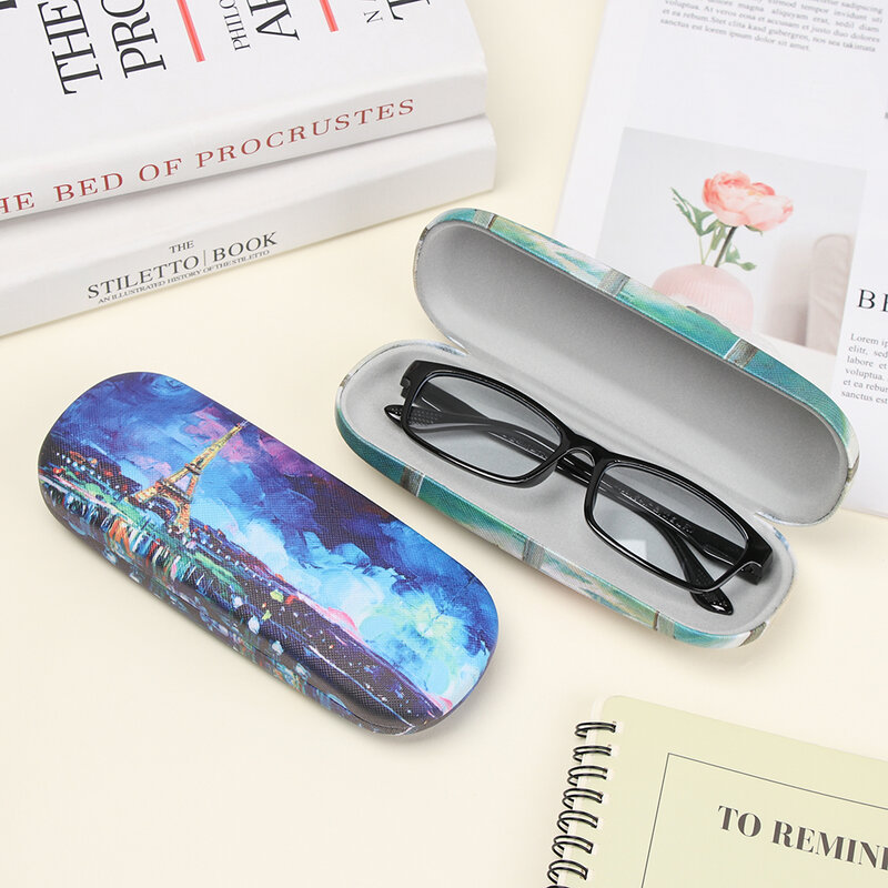 Mode Olieverf Art Brillenkoker Doos Harde Lederen Leesbril Case Retro Bloemenprint Eyewear Protector Glazen Houder