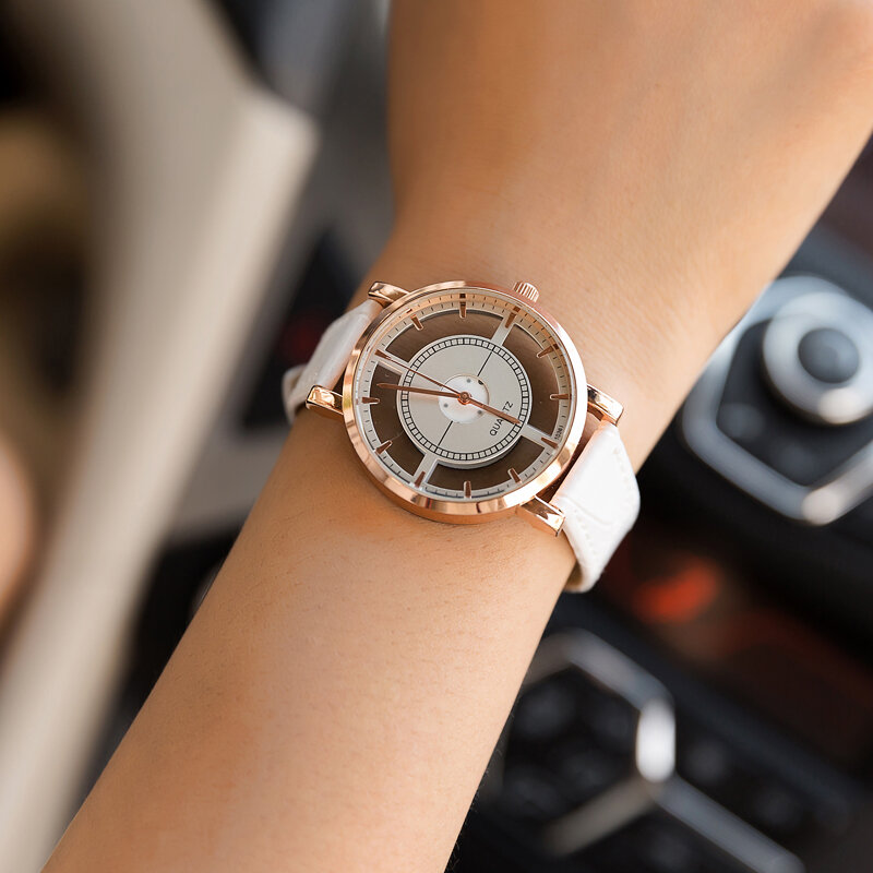Womage-relojes transparentes para mujer, relojes de pulsera de cuarzo con banda de cuero, informales, blancos