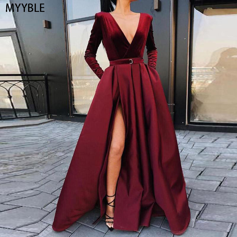 Evening Dress Long Sleeves Deep V-Neck Vestido De Festa Satin with Velour Evening Gowns Robe De Soiree 2019 abiye gece elbisesi