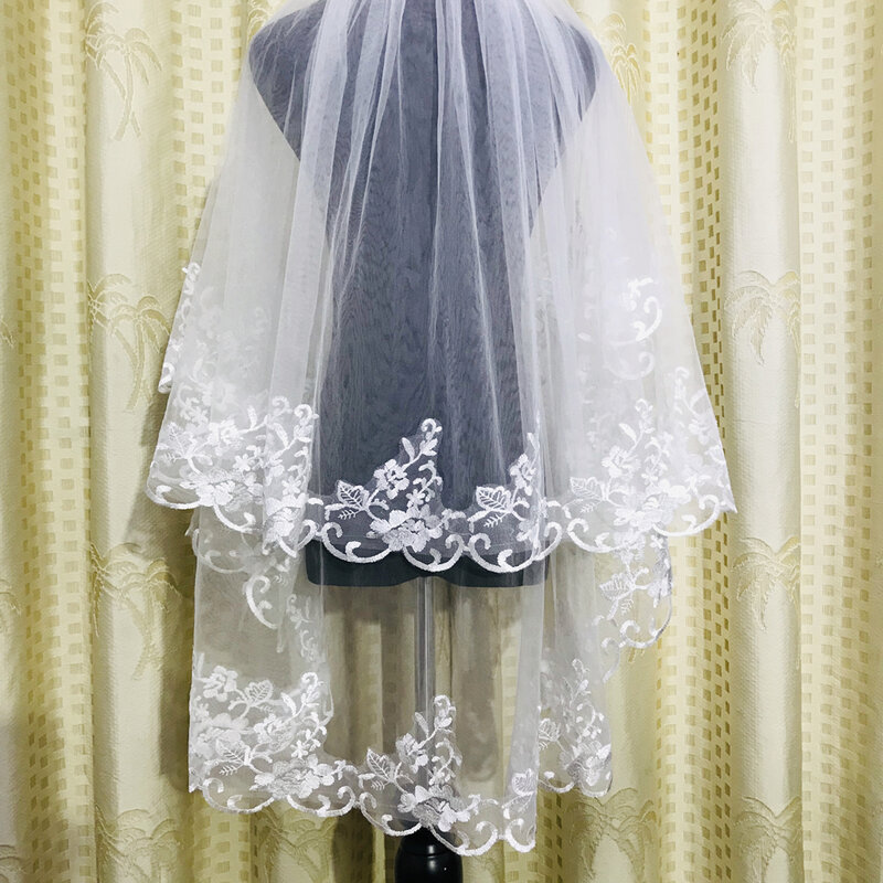 Véu de noiva com apliques de duas camadas, barato, em marfim, ponta dos dedos, acessório de noiva com pente de metal