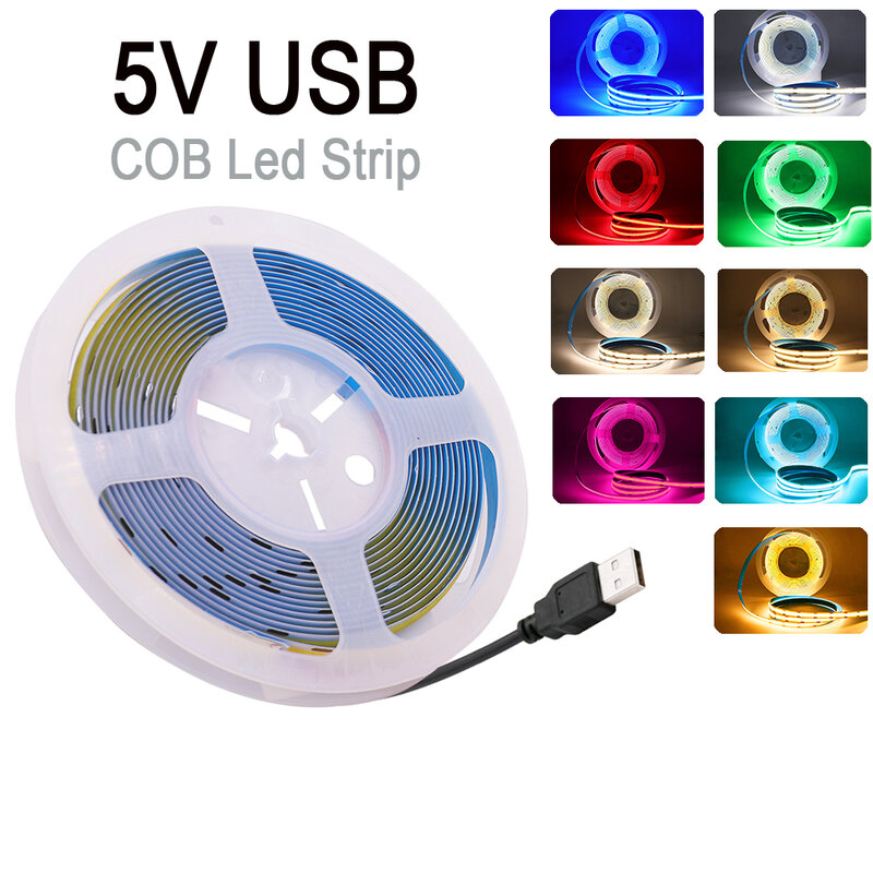 5V LED COB Strip Light USB alimentato a batteria 320LED/m Linghting lineare ad alta densità strisce di nastro flessibili bianco blu verde rosso DC5V