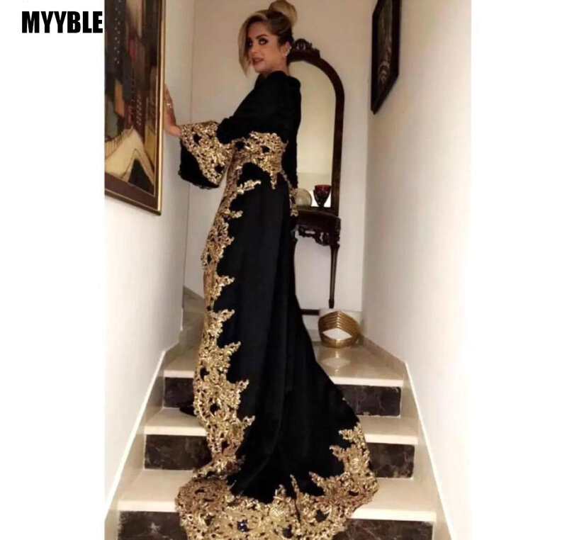 MYYBLE Black V Neck Long Sleeves Evening Dresses 2020 New Arrival Gold Appliques Holiday Wear Formal Party Prom Gowns Plus Size