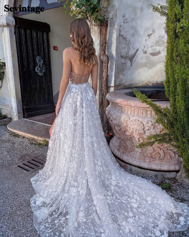 Sevintage-Bohemian Wedding Dresses, A-Line Lace Appliques, High Side Split, decote querido, Bohemian Vestidos nupciais, 3D Flores