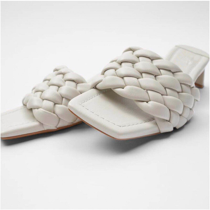 Zapatillas de verano con punta abierta para mujer, sandalias gruesas de tacón alto con punta cuadrada, sin cordones, 2020