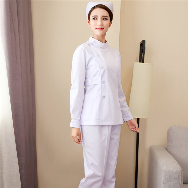 Long Sleeve Side Opening Scrub Top Women Fashion Medical Uniforms Stand Collar Clinic Dentist Coat with Adjustable Waist Belts