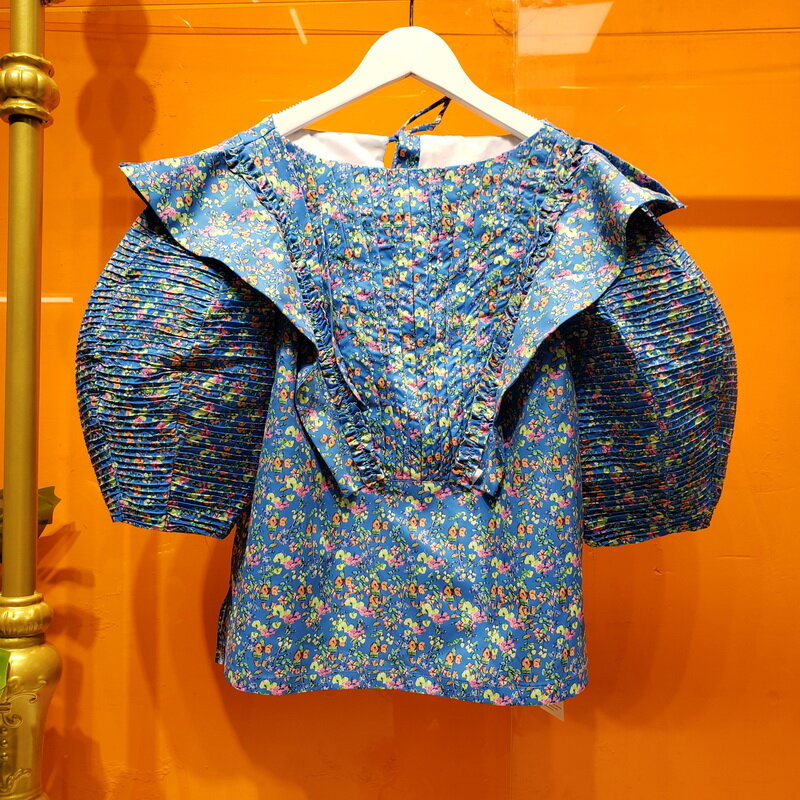 Camisa feminina florida folgada, de cintura alta, comprimento da panturrilha, elegante, azul, com renda, jeans com zíper