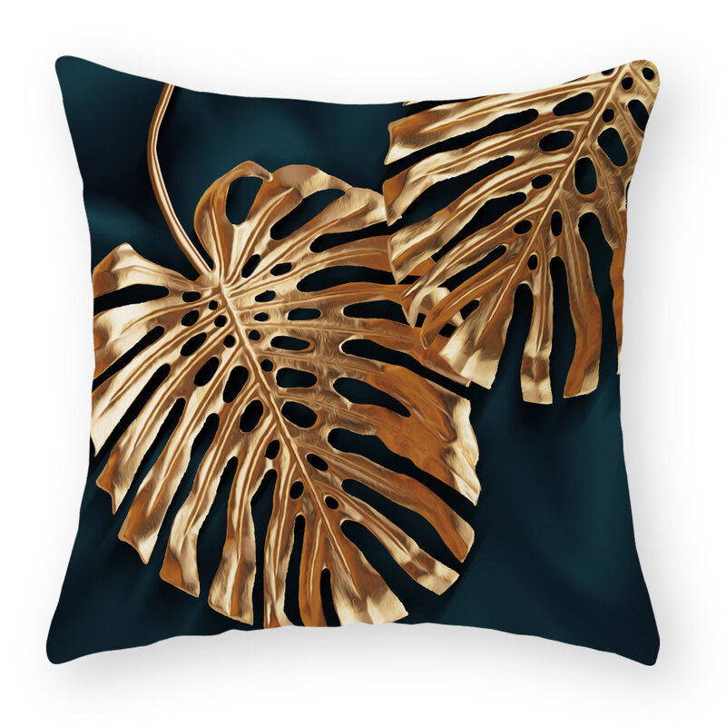 Golden Landscape Print Cushion Cover 18x18in Elk Tree Monstera Texture Polyester Throw Pillowcase Abstract Art  Home Decorations