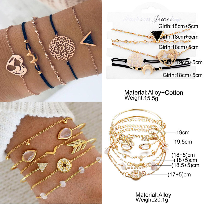 Conjunto de pulseras bohemias Vintage para mujer, brazalete de cadena con abalorios de Luna, Concha, corazón y Tortuga, joyería Bohemia, nuevo diseño