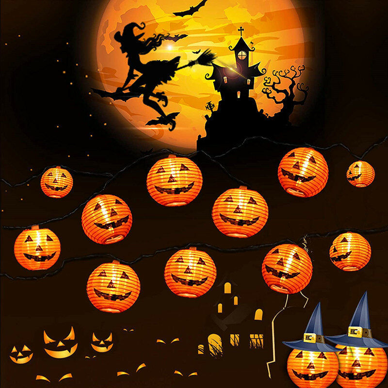 6/10/20LED Lampu Tali Labu Halloween Lampu Lentera Labu 3D Bertenaga Baterai untuk Dekorasi Halloween Dalam Ruangan Luar Ruangan