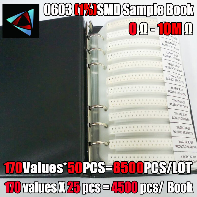 4250/8500 PCS/LOT RC0603 FR-07 0603 1% ตัวต้านทาน SMD ตัวอย่างหนังสือ0R ~ 10M ความอดทน170ค่า25ชิ้น4250 Pcs Resistors Kit
