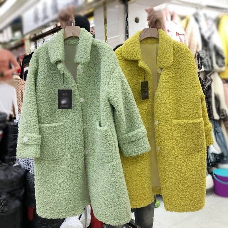 Faux Lamm Wolle Warme Winter Mantel Frauen Lange Jacken Solide drehen-unten Kragen Einreiher Taschen 2020 Neue Koreanische lose Elegante