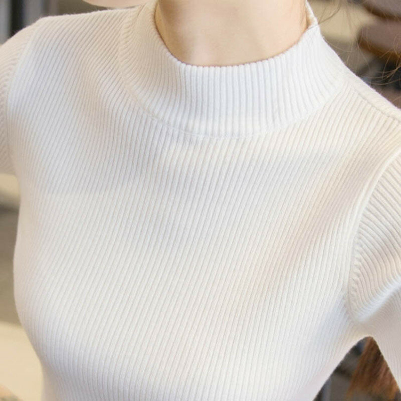 Suéter y Jersey de Cuello medio alto para mujer, camisa de fondo de manga larga, suéter de punto Delgado, Tops femeninos coreanos, 2020