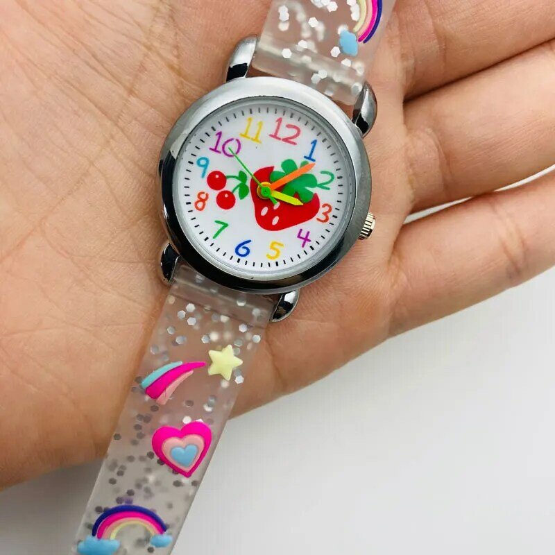 Montre-bracelet en Silicone Transparent pour enfants, jolie montre-bracelet à pointeur fraise, étanche, cadeau idéal pour bébé fille