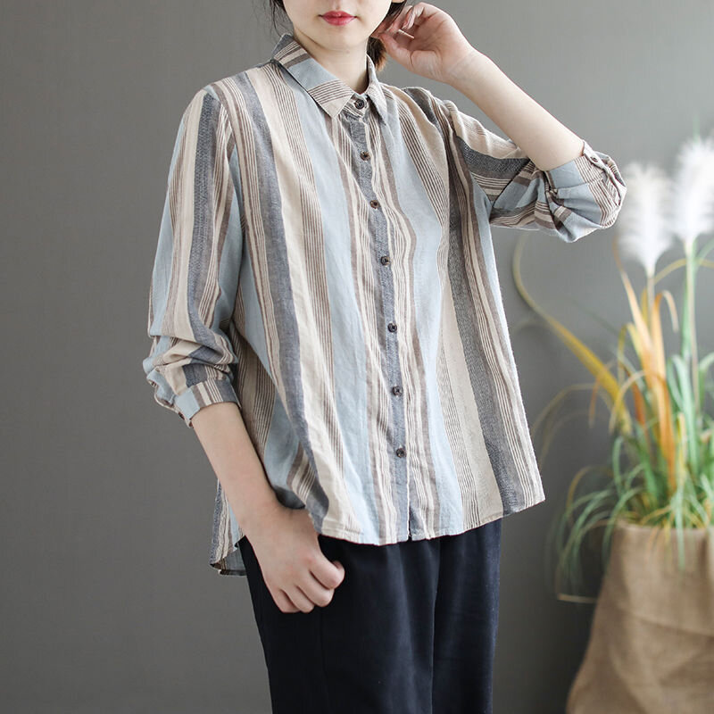 Camisa holgada de manga larga con cuello vuelto para mujer, blusa informal a rayas de lino y algodón, primavera y otoño, S570