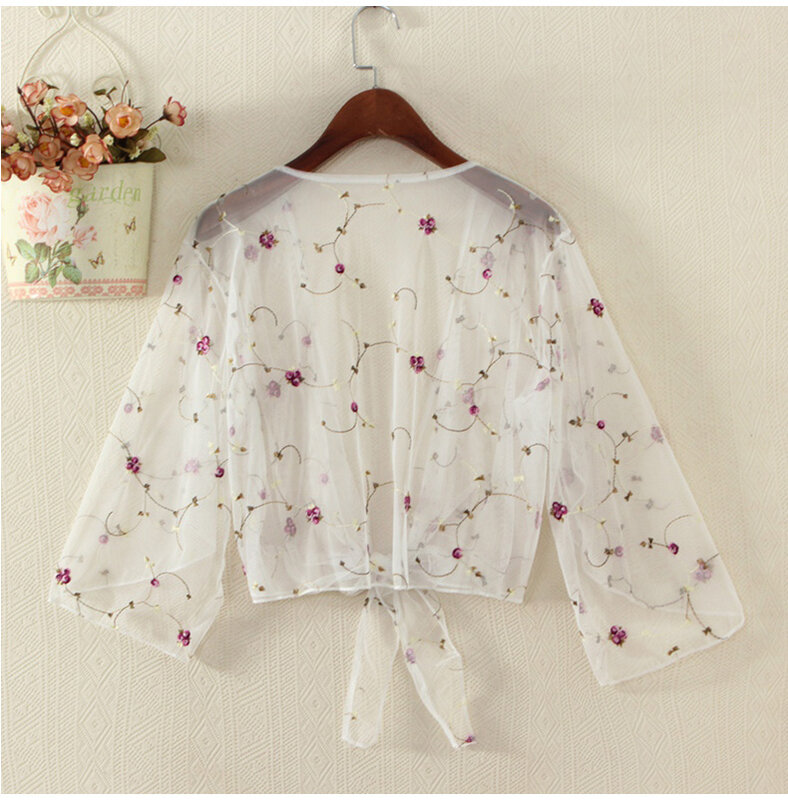 New Women Long Sleeve Cover Ups Tops Shirt Beach Bathing Suit Floral Embroidery Cardigan Thin Coat Party Outwear Casual Blouse