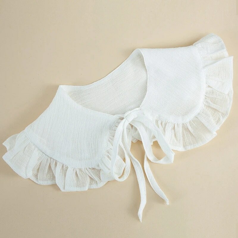 White Shawl Doll False Fake Collar for Women Girls Ruffled Trim Detachable Half Shirt Lapel Blouse Lace-Up Bandage Scarf