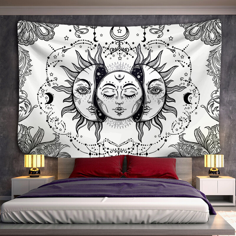 Tapis Mural Mandala Noir et Blanc avec Soleil et Lune, Couverture Décorative pour Dortoir