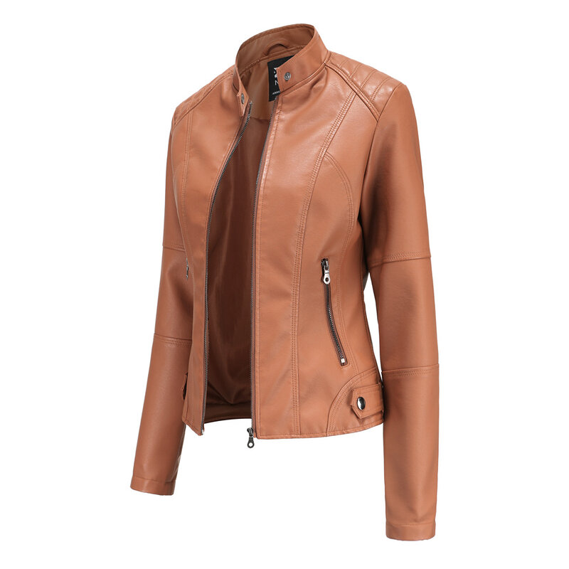 Новинка весна-осень, стильная кожаная куртка, женское модное мотоциклетное пальто с отделкой, черный, фиолетовый, коричневый цвет