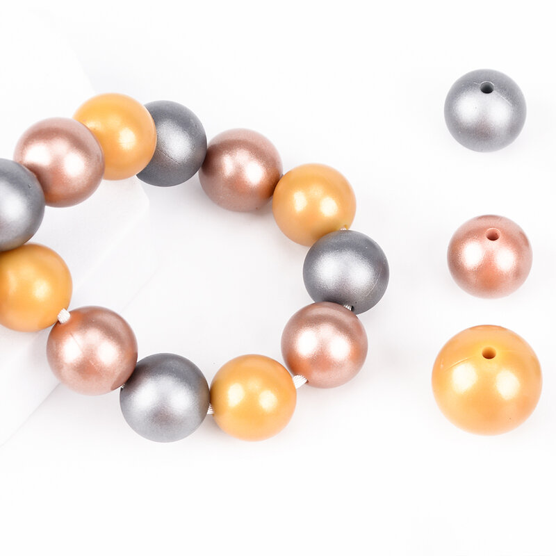 LOFCA 20pcs Metallic Golden Print Silicone Beads 19mm Food Grade Silicone 12mm Sliver Pearl Teether Beads DIY Teething Nursing