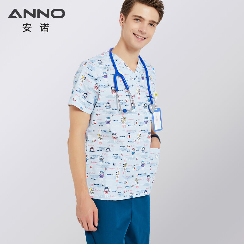 ANNO 병원 의료용 스크럽 세트, 간호 유니폼, 유니섹스 치과 클리닉 간호사 스크럽 스파 유니폼, 반팔 또는 긴팔