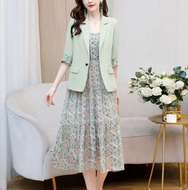 Chic And Elegant Woman Dress Office Fashion Slim Solid Color Suit Coat + Knee length Floral Waist Dress Two Piece Suit