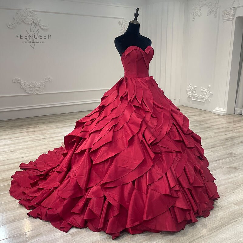 Yeenueer Dark สีแดงยาวงานแต่งงานชุดกระโปรง Puffy Off ไหล่เจ้าสาวคำเจ้าหญิงงานแต่งงานชุด2022ขายร้อน