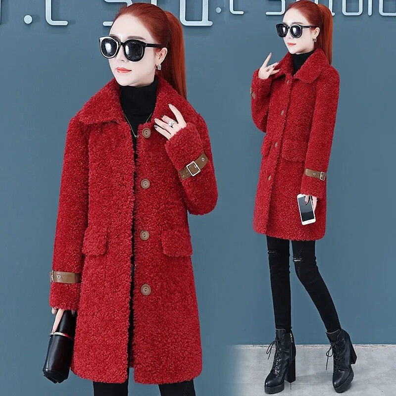 Mantel Wol Domba Wanita Musim Gugur dan Musim Dingin 2023 Mantel Bulu Imitasi Panjang Menengah Longgar Korea Baru Mantel Wol Musim Semi Perempuan