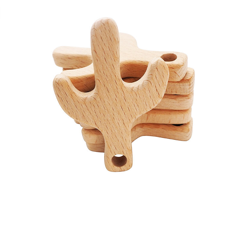 Chenkai 10pcs Wood Cactus Teether Ring DIY Eco-friendly Unfinished Infant Baby Rattle Teething Grasping Wooden Animal Toy