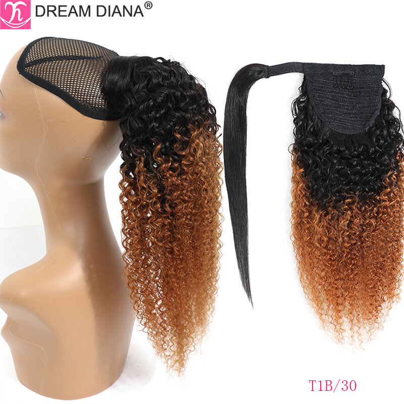 DreamDiana Ombre Remy Brazilian Kinky Curly Ponytail Human Hair For Women Wrap Around Drawstring Ponytail Clip In Hair Extension