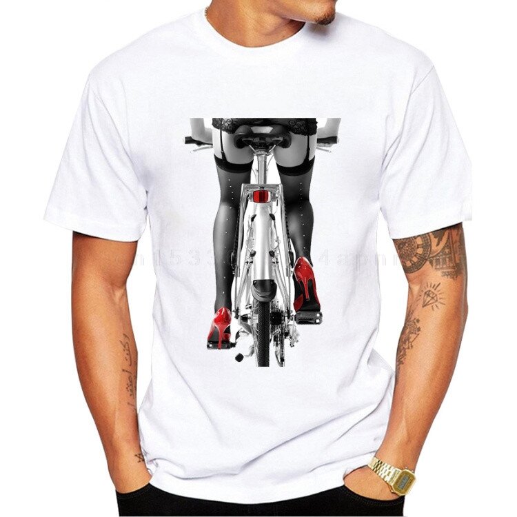 Sexy woman in red high heel shoes and stockings riding bicycle art photo T-Shirt Fashion Boy Casual Fitness Cool Men's T Shirt
