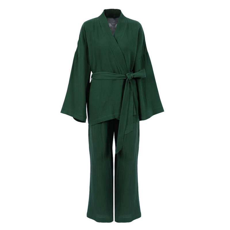 NHKDSASA piżama Kimono 2023 nowe 100% krepa bawełniana spodnie z długimi rękawami damskie bielizna nocna Mujer
