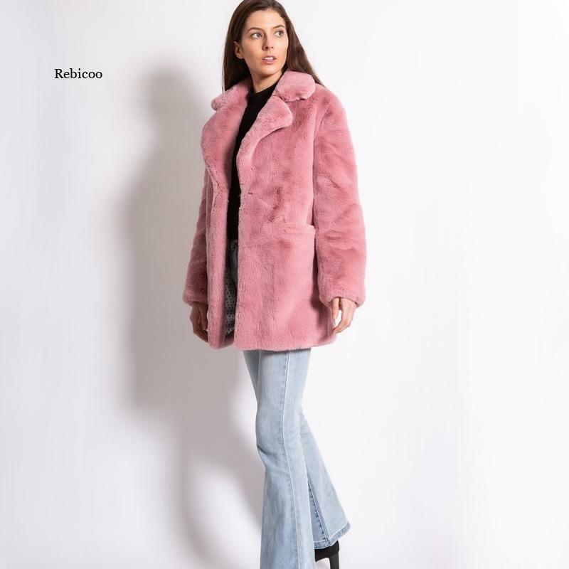 Abrigo de piel de conejo de imitación para mujer, abrigo largo de lujo con solapa, abrigos gruesos y cálidos de felpa para invierno