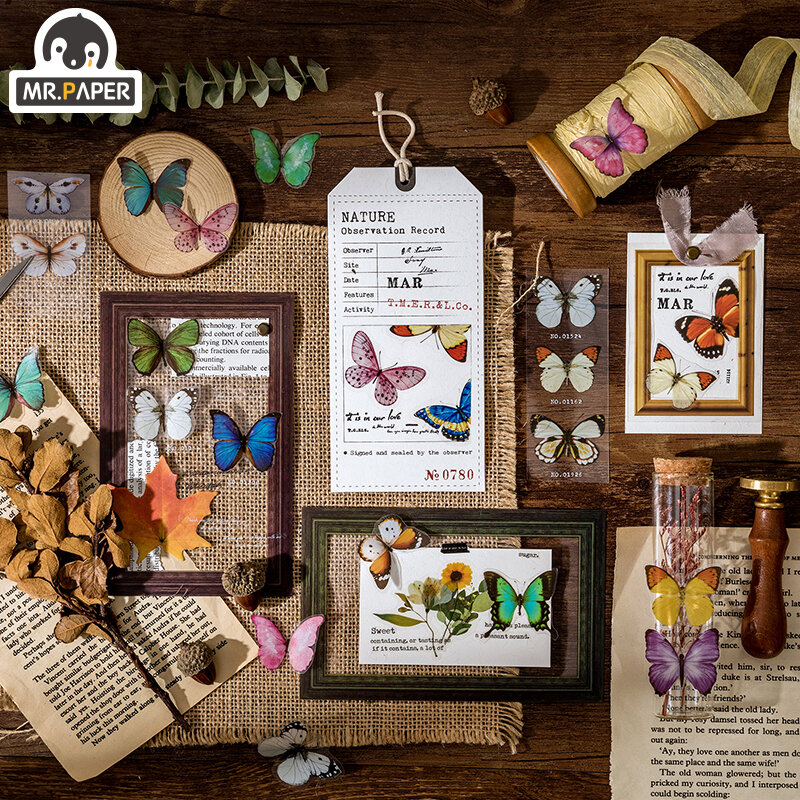 Mr Paper Butterfly Collector Series, Estilo Vintage Retro, Tira Longa, Fita Separada, Conta Mão, Material de Decoração DIY, 8 Designs