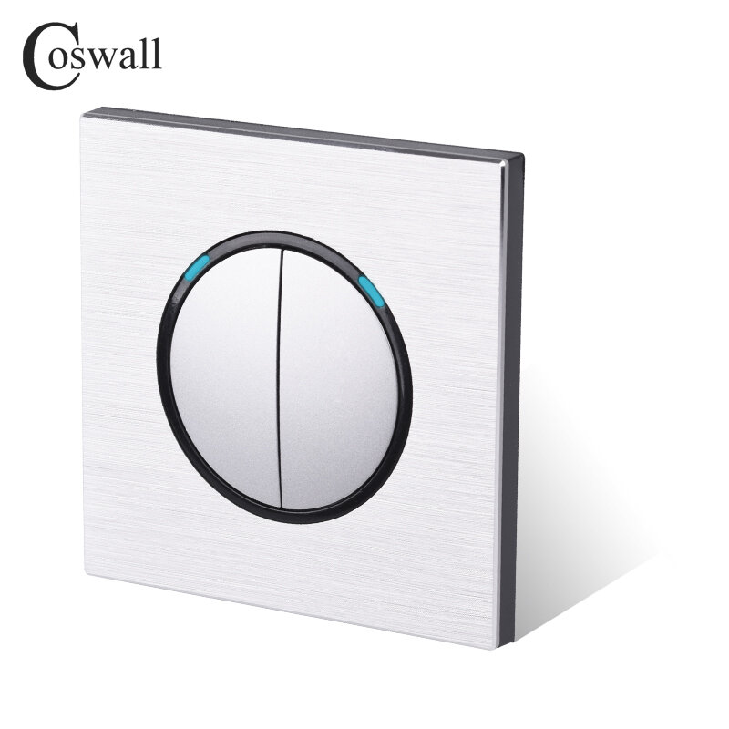 Coswall 2 Gang 1 Way Random Click On / Off Wall Light Switch With LED Indicator Black / Silver Grey Aluminum Metal Panel R12-02