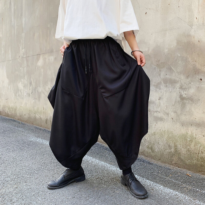 Calças de virilha preta de verão, casual, calças largas, bermuda feminina, estilo de cabelo, yamamoto