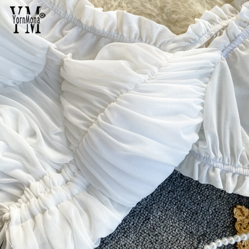 YornMona Ins moda elegante Sexy Top corto ajustado mujeres verano blanco negro acanalado cordón camisa femenina Chic blusas elásticas