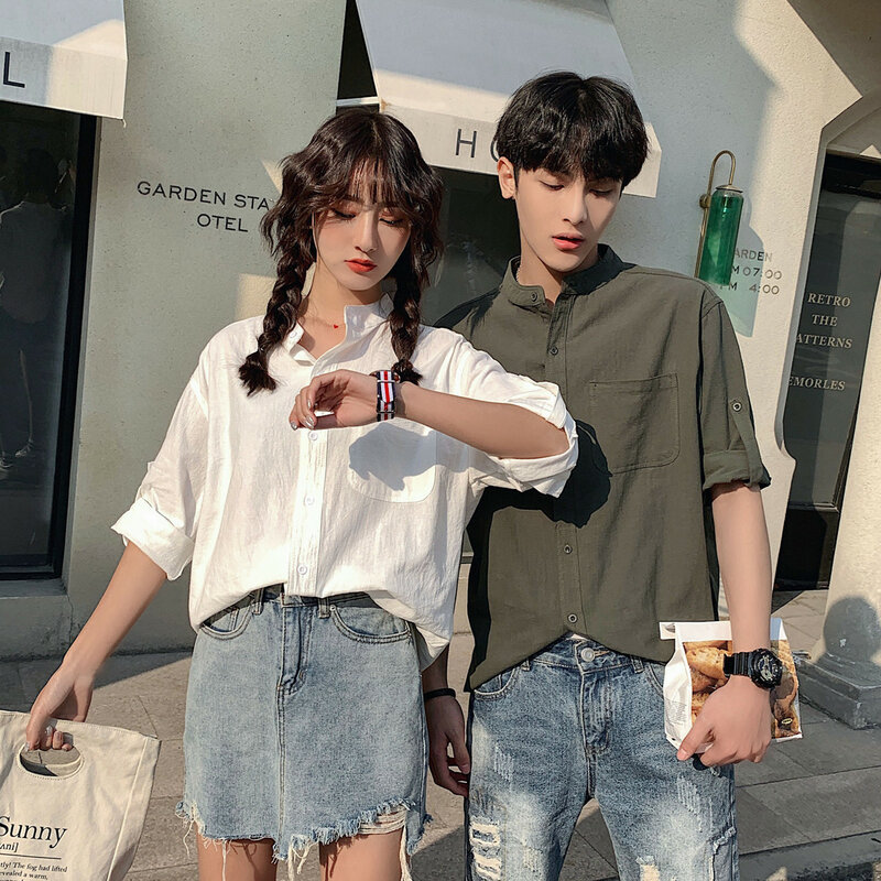 Women Blouses Button Vintage Solid 2020 Summer New Half-sleeve Shirt Female Couples Preppy Style Thin White Shirt Female Blusas
