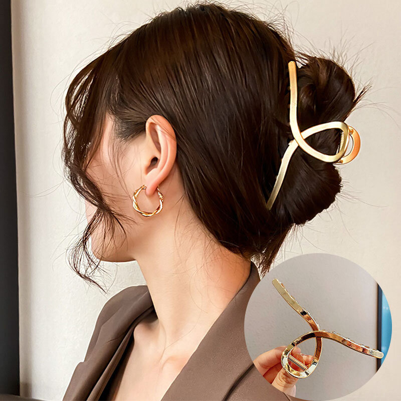 Elegant Gold Silver Hollow Geometric Metal Hair Claw For Women Long Thick Hair Holder Hair Claw Clip Fashion Hair Accessories