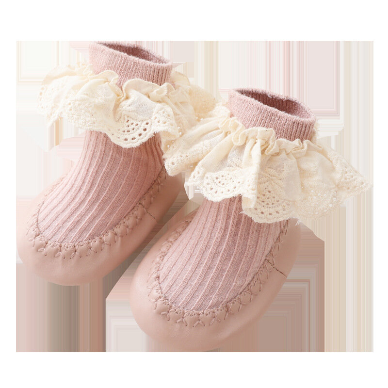 Новинка, детские носки с оборками и резиновой подошвой, носки для новорожденных, осенние детские кружевные носки с цветами, нескользящие носки с мягкой подошвой