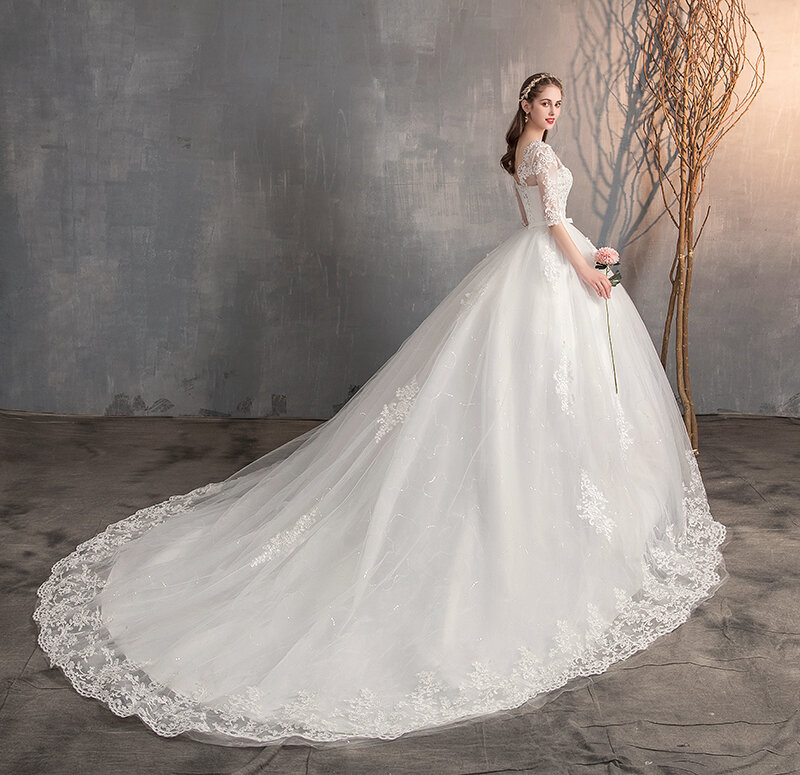 Новинка 2023, свадебное платье с V-образным вырезом и коротким рукавом, длинное кружевное свадебное платье со шлейфом и вышивкой, элегантное женское платье
