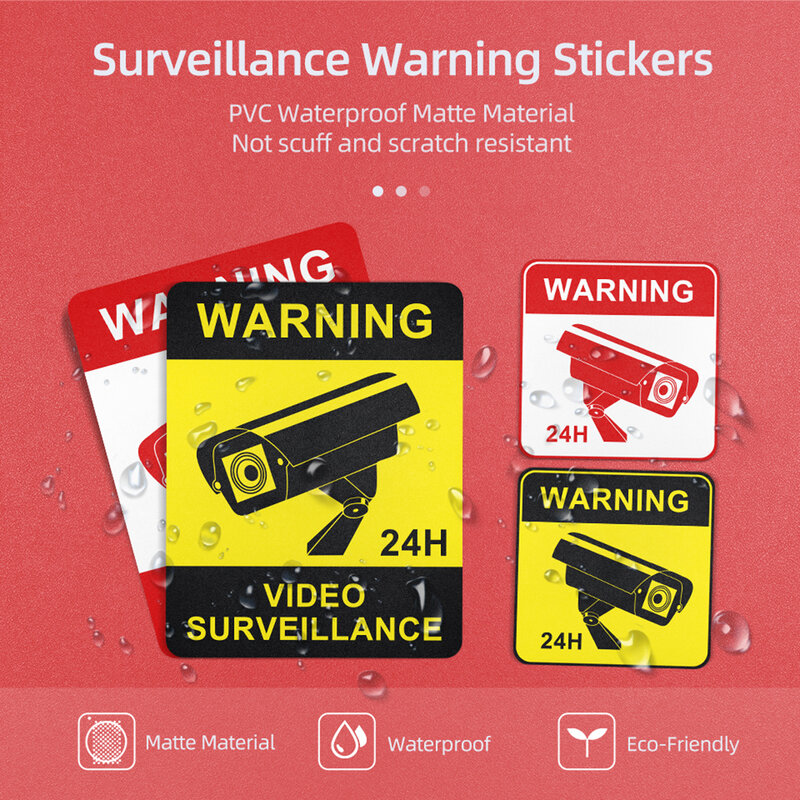 Vigilância Segurança Camera Alarme Adesivo, Decal Signs, impermeável, fosco textura, fita de advertência, 4 pcs