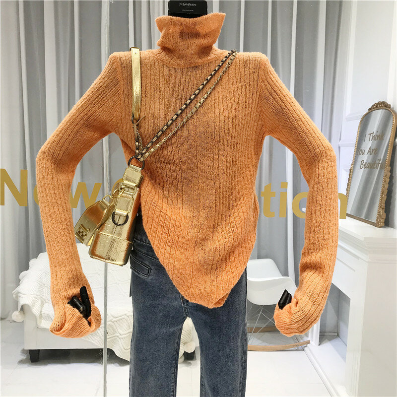 Женский свитер с длинным рукавом, Однотонный свитер в стиле High Street, корейская мода, 2019