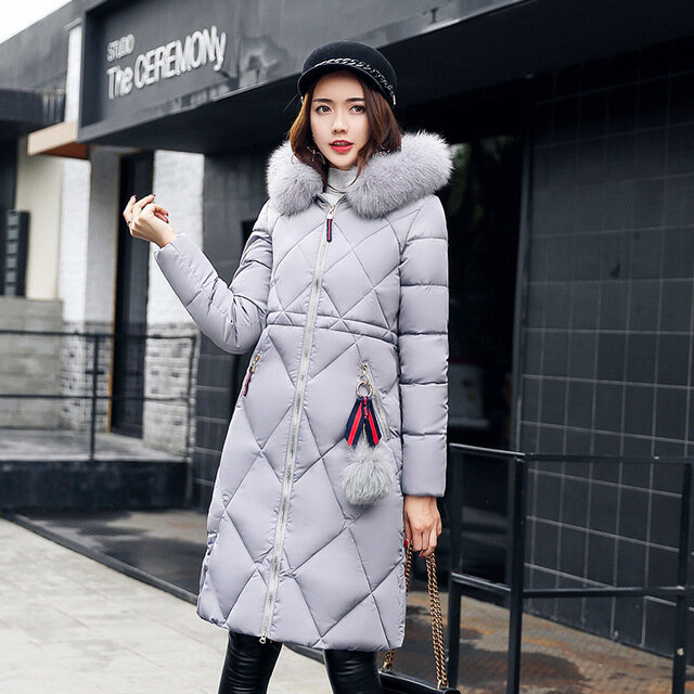 Casaco de inverno de pele grande grosso, parka, mulheres, costura, fino, longo, casaco de inverno de algodão, parka, jaqueta feminina 2019