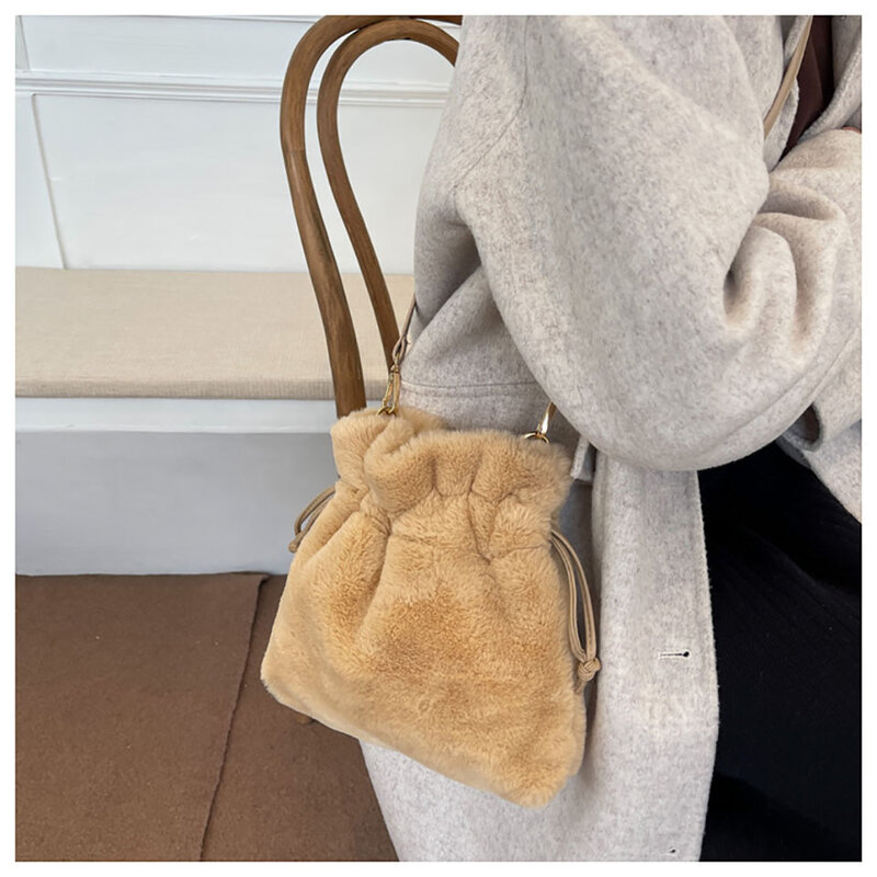 Winter Soft Plush Bucket Shoulder Bag Fashion Autumn Warm Drawing String Crossbody Bags For Women Handbags Female Purse Bolso
