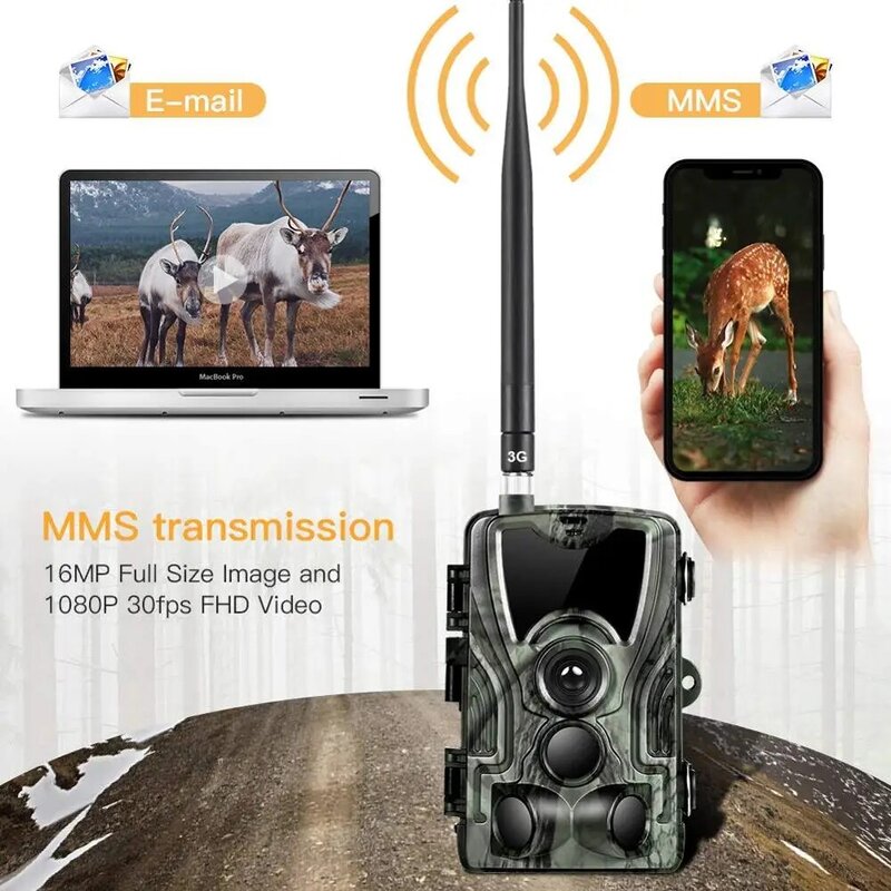 Câmera de caça sem fio infravermelho celular móvel, visão noturna, Wildlife Trail Camera, 2G MMS SMTP SMS GSM 20MP1080P, HC801M